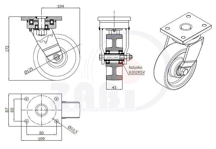 Колеса промышленные нейлоновые (полиамидные), Колеса промышленные нейлоновые (полиамидные), Колеса нейлоновые поворотные с обозначением 22MBND