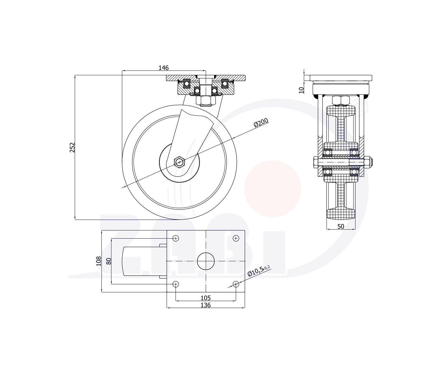 Колеса промышленные нейлоновые (полиамидные), Колеса промышленные нейлоновые (полиамидные), Колеса нейлоновые поворотные с обозначением 62BND