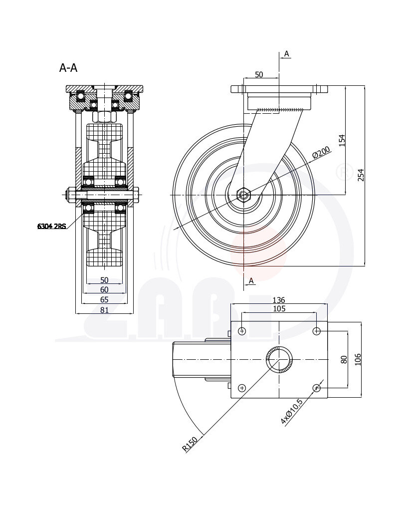 Колеса промышленные нейлоновые (полиамидные), Колесо большегрузное нейлоновое неповоротное, Колесо большегрузное нейлоновое поворотное с обозначением 62BNND