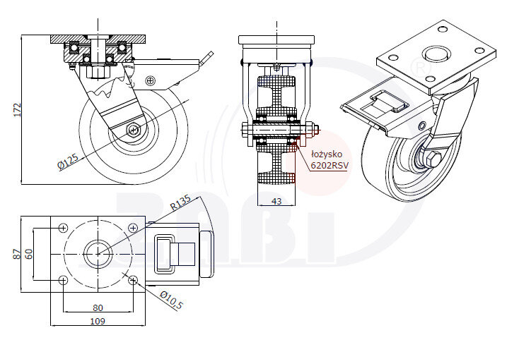 Колеса промышленные нейлоновые (полиамидные), Колесо большегрузное нейлоновое неповоротное, Колесо большегрузное нейлоновое поворотное с тормозом с обозначением 25MBNDH