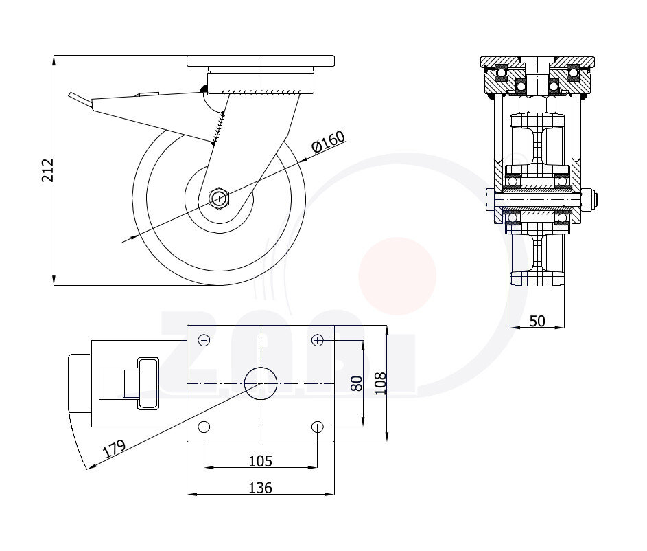 Колеса промышленные нейлоновые (полиамидные), Колесо большегрузное нейлоновое неповоротное, Колесо большегрузное нейлоновое поворотное с тормозом с обозначением 45BNDH