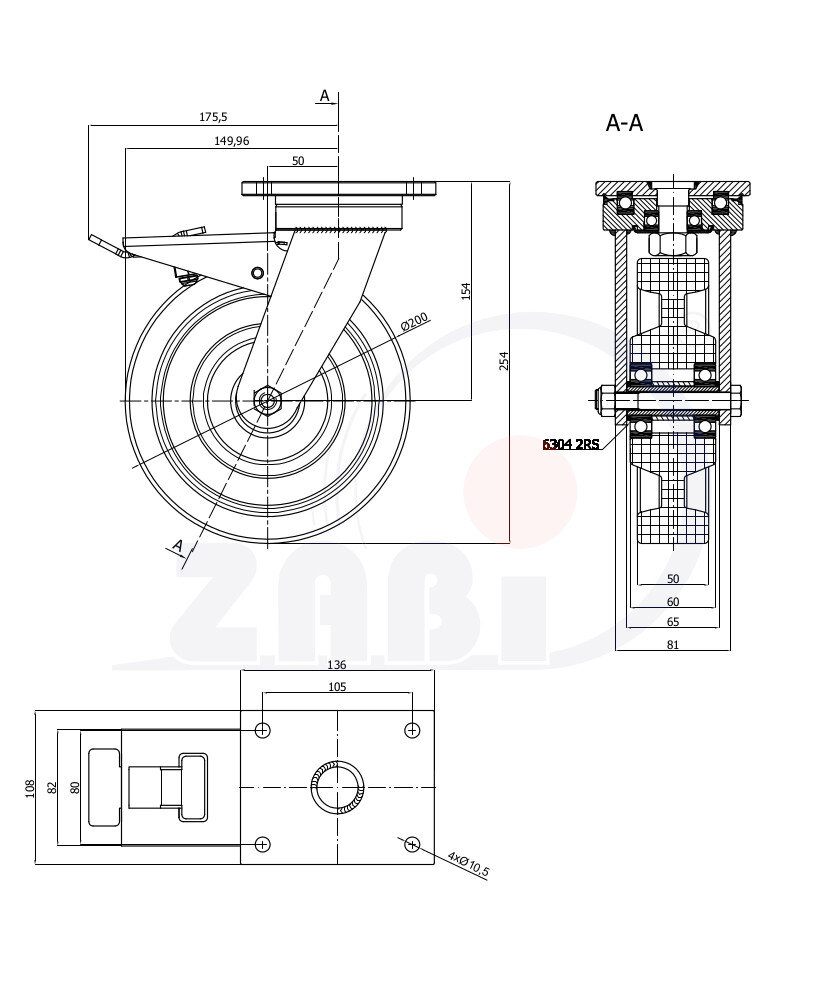 Колеса промышленные нейлоновые (полиамидные), Колесо большегрузное нейлоновое неповоротное, Колесо большегрузное нейлоновое поворотное с тормозом с обозначением 65BNNDH