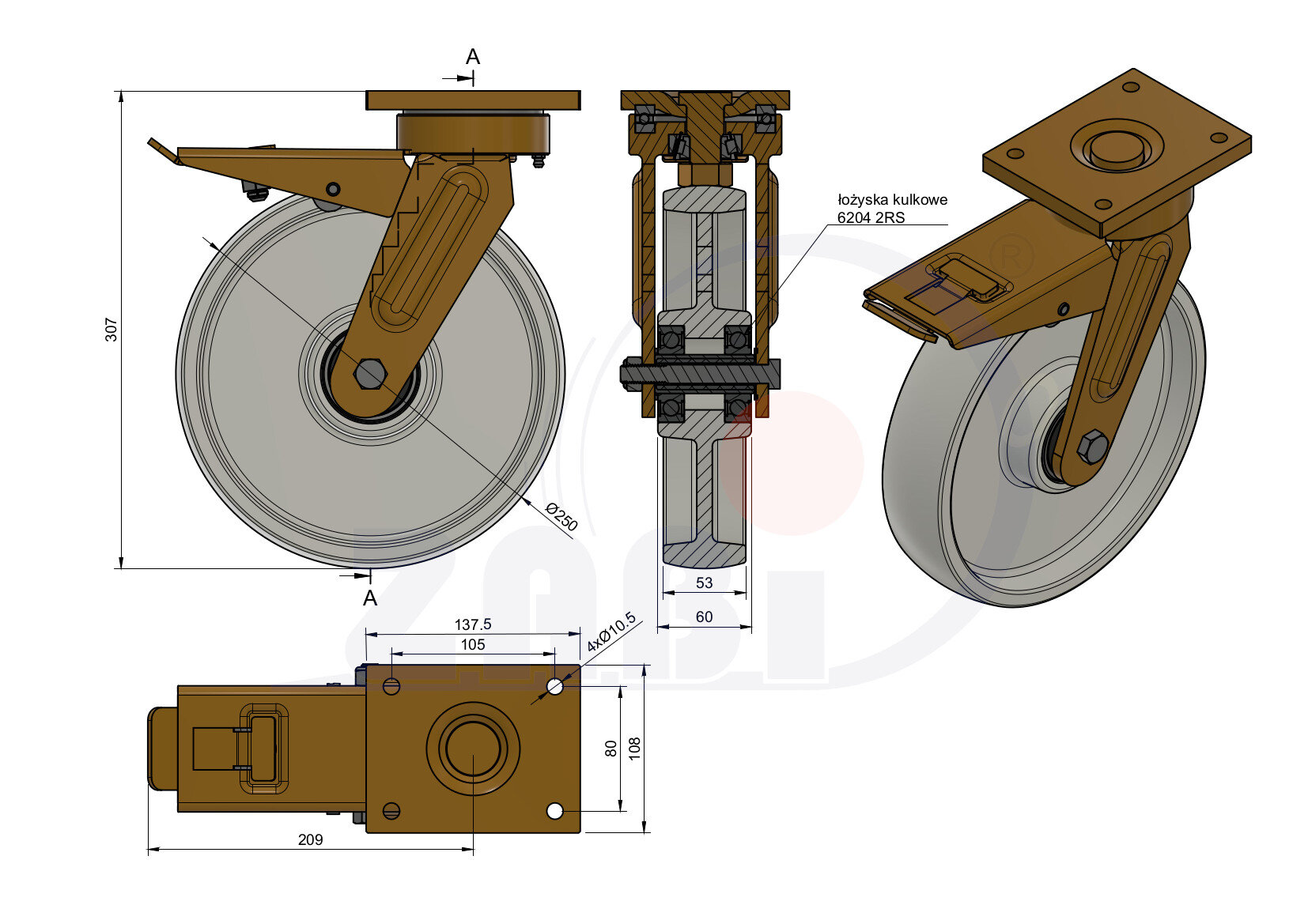 Колеса промышленные нейлоновые (полиамидные), Колесо большегрузное нейлоновое неповоротное, Колесо большегрузное нейлоновое поворотное с тормозом с обозначением 95BNDH