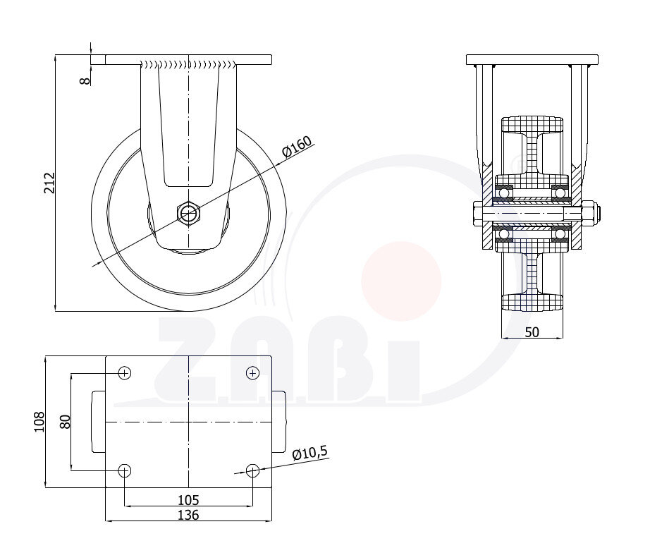 Колеса промышленные нейлоновые (полиамидные), Колеса промышленные нейлоновые (полиамидные), Колеса нейлоновые неповоротными с обозначением 43BND