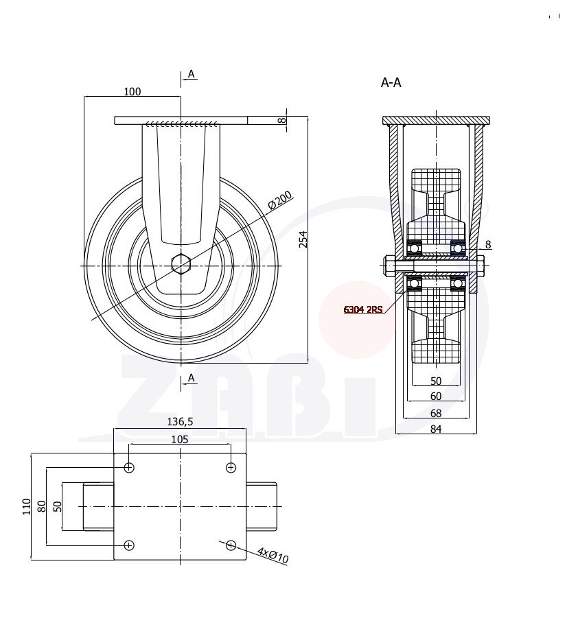 Колеса промышленные нейлоновые (полиамидные), Колесо большегрузное нейлоновое неповоротное, С неповоротными опорами вареные с обозначением 63BNND