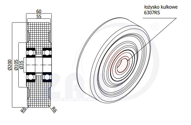 Koła poliamidowe do dużych obciążeń PA6G, W obudowach spawanych, Koła o symbolu 60PA6G