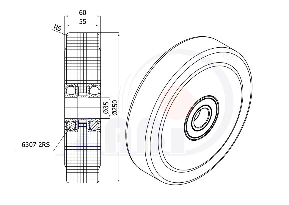 Koła poliamidowe do dużych obciążeń PA6G, W obudowach spawanych, Koła o symbolu 90PA6G