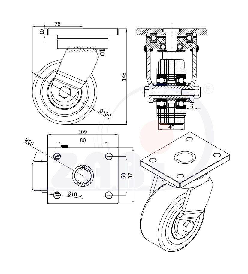 Koła poliamidowe do dużych obciążeń PA6G, W obudowach spawanych, W obudowach skrętnych o symbolu 12PA6GD