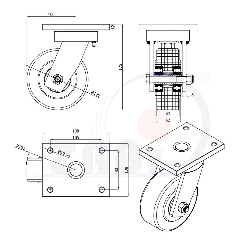 Koła poliamidowe do dużych obciążeń PA6G, W obudowach spawanych, W obudowach skrętnych o symbolu 22PA6GZ