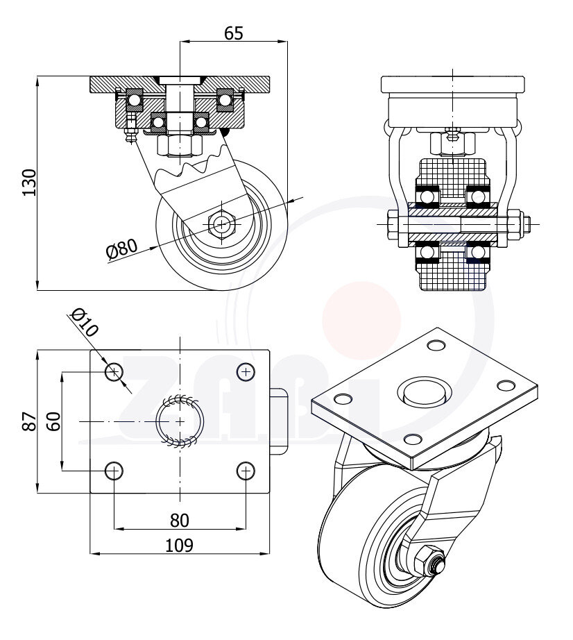 Koła poliamidowe do dużych obciążeń PA6G, W obudowach spawanych, W obudowach skrętnych o symbolu 3PA6GD