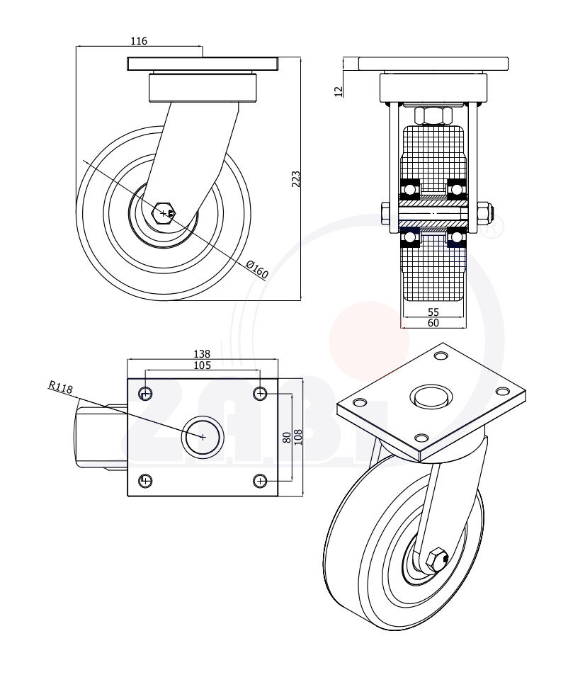 Koła poliamidowe do dużych obciążeń PA6G, W obudowach spawanych, W obudowach skrętnych o symbolu 42PA6GZ