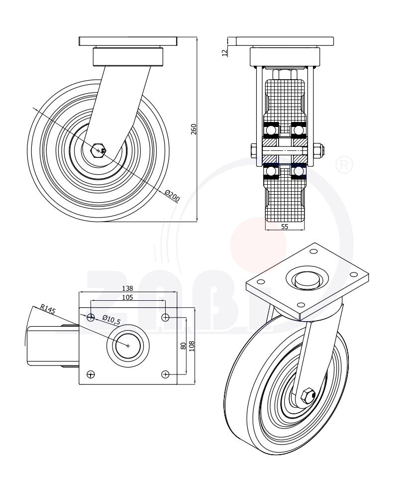 Koła poliamidowe do dużych obciążeń PA6G, W obudowach spawanych, W obudowach skrętnych o symbolu 62PA6GZ