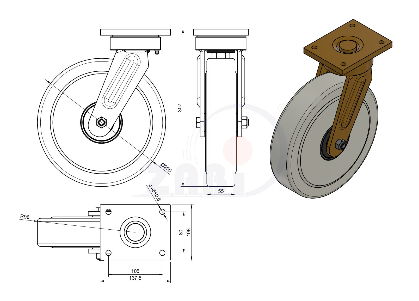 Koła poliamidowe do dużych obciążeń PA6G, W obudowach spawanych, W obudowach skrętnych o symbolu 92PA6GZ