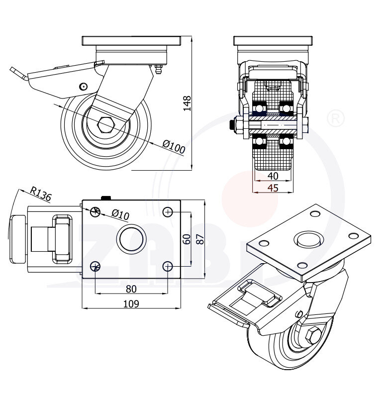 Koła poliamidowe do dużych obciążeń PA6G, W obudowach spawanych, W obudowach skrętnych z hamulcem o symbolu 15PA6GDH