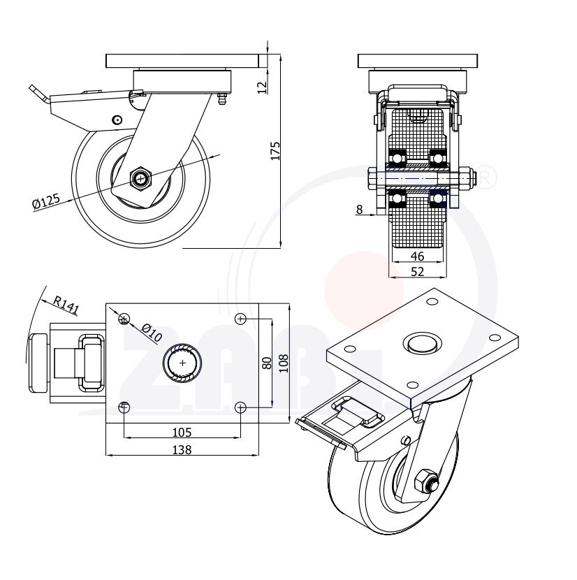 Koła poliamidowe do dużych obciążeń PA6G, W obudowach spawanych, W obudowach skrętnych z hamulcem o symbolu 25PA6GZH
