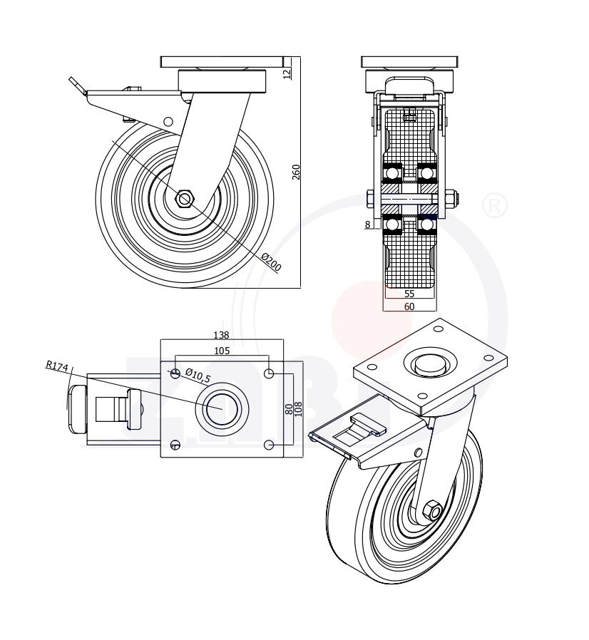 Koła poliamidowe do dużych obciążeń PA6G, W obudowach spawanych, W obudowach skrętnych z hamulcem o symbolu 65PA6GZH