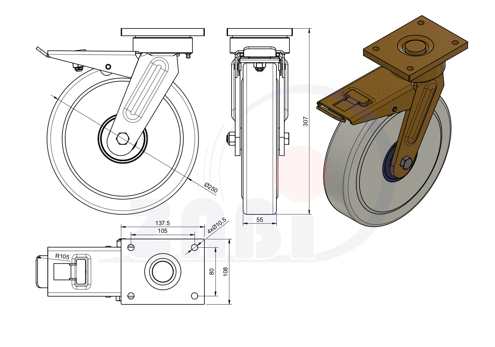 Koła poliamidowe do dużych obciążeń PA6G, W obudowach spawanych, W obudowach skrętnych z hamulcem o symbolu 95PA6GZH