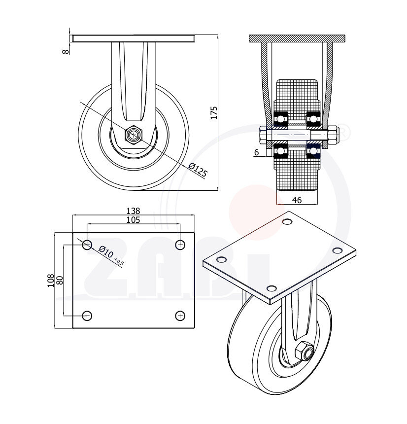 Koła poliamidowe do dużych obciążeń PA6G, W obudowach spawanych, W obudowach stałych o symbolu 23PA6GZ