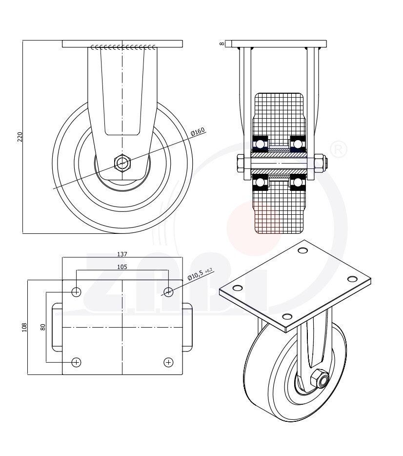 Koła poliamidowe do dużych obciążeń PA6G, W obudowach spawanych, W obudowach stałych o symbolu 43PA6GZ