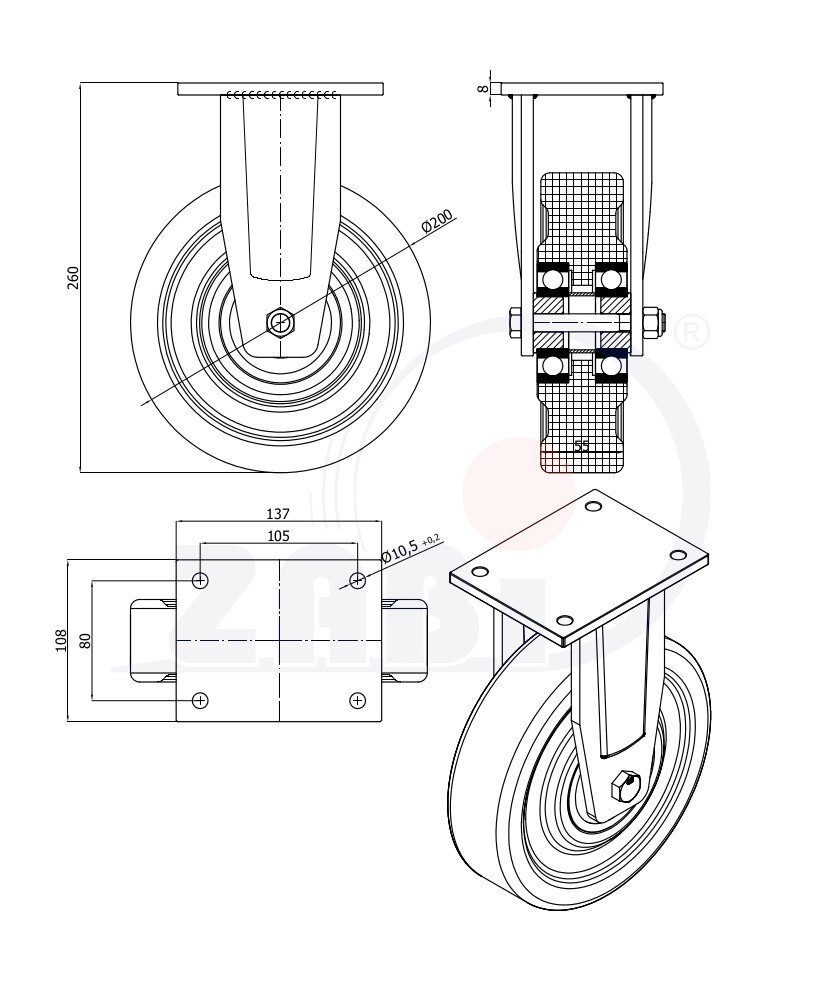 Koła poliamidowe do dużych obciążeń PA6G, W obudowach spawanych, W obudowach stałych o symbolu 63PA6GZ