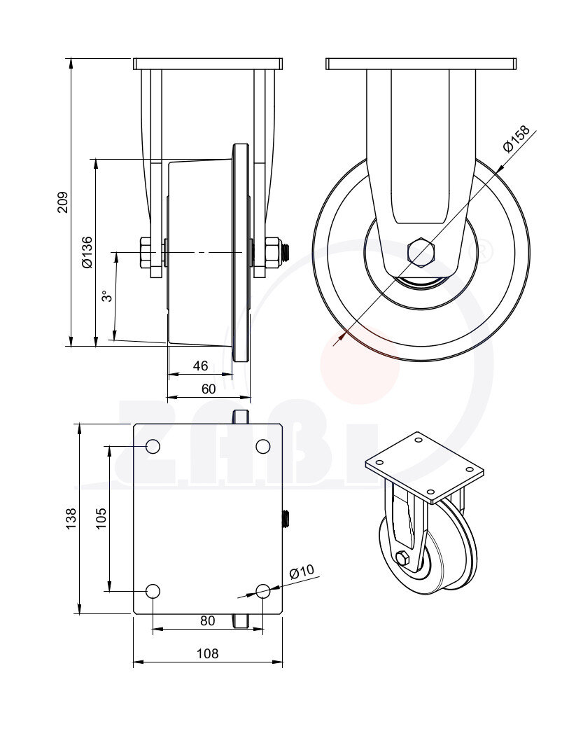 Колёса и наборы колёс, Колёса воротниковые из литой стали, С неповоротными опорами с обозначением V43