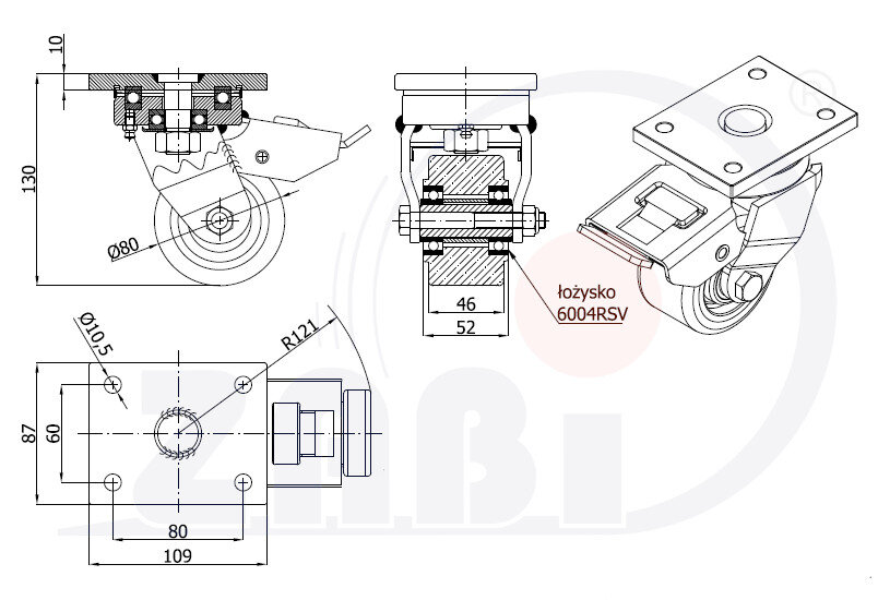Колёса и наборы колёс, Колёса чугунные выдерживающие повышенную нагрузку, С поворотными опорами вареные с тормозом с обозначением 6ZH