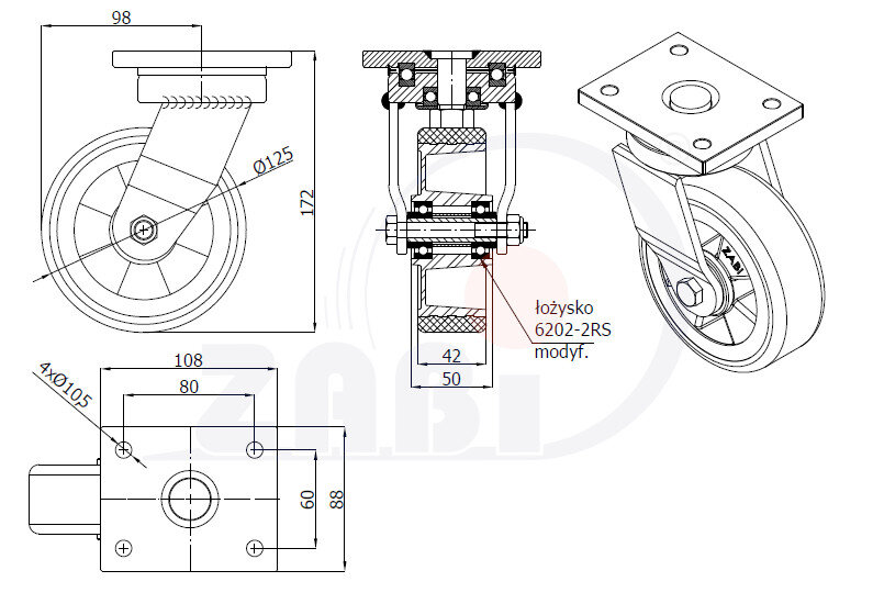 Колёса промышленные (алюминий + полиуретан), Колёса алюминий +полиуретан выдерживающие повышенную нагрузку, С поворотными опорами с обозначением A22PD