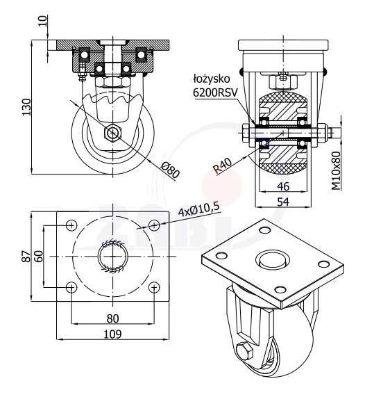 Колёса промышленные (алюминий + полиуретан), Колёса алюминий +полиуретан выдерживающие повышенную нагрузку, С поворотными опорами с обозначением A3PRDY