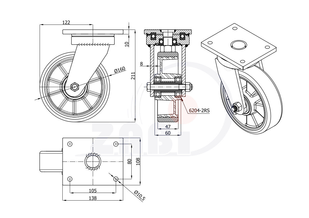 Колёса промышленные (алюминий + полиуретан), Колёса алюминий +полиуретан выдерживающие повышенную нагрузку, С поворотными опорами с обозначением A42PD