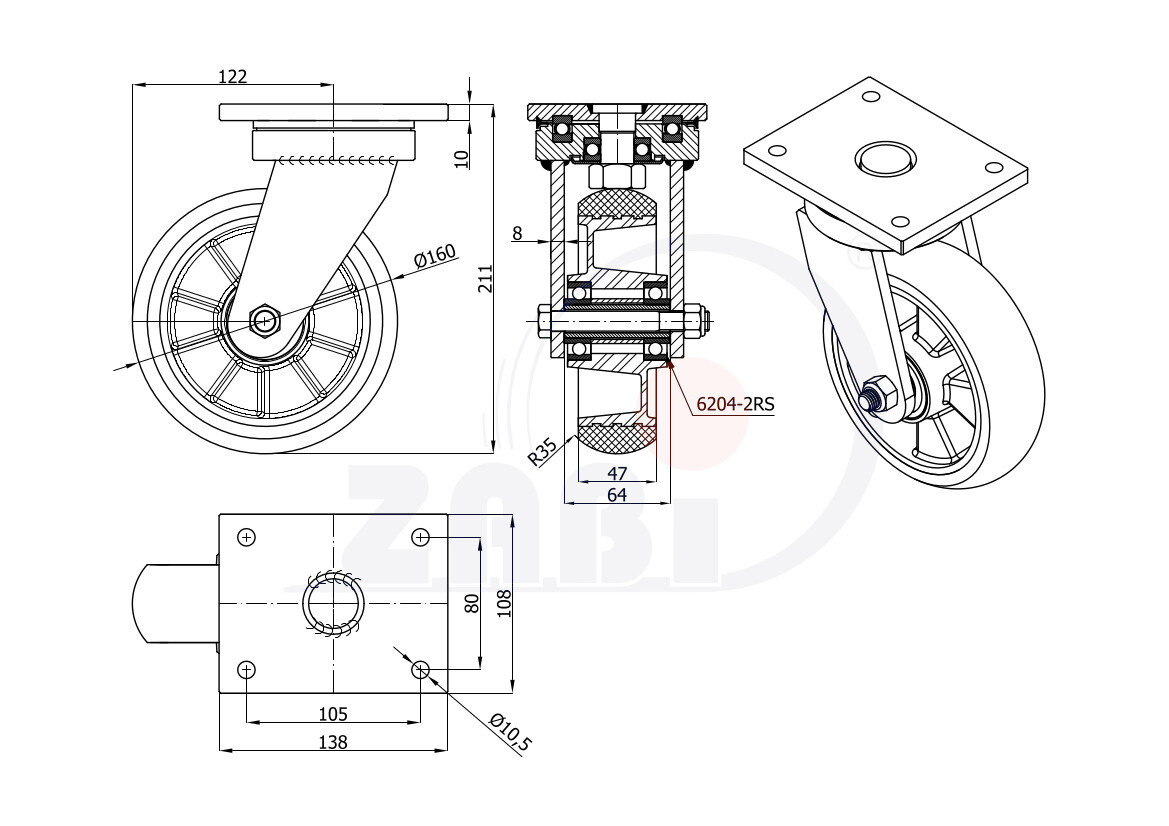 Колёса промышленные (алюминий + полиуретан), Колёса алюминий +полиуретан выдерживающие повышенную нагрузку, С поворотными опорами с обозначением A42PRD