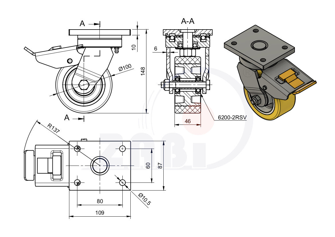 Колёса промышленные (алюминий + полиуретан), Колёса алюминий +полиуретан выдерживающие повышенную нагрузку, С поворотными опорами с тормозом с обозначением A15PDH