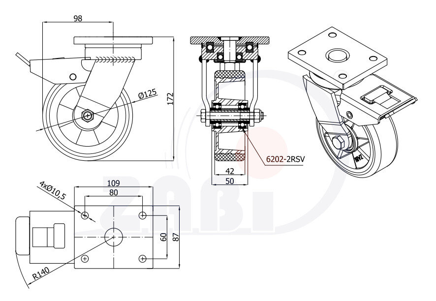 Колёса промышленные (алюминий + полиуретан), Колёса алюминий +полиуретан выдерживающие повышенную нагрузку, С поворотными опорами с тормозом с обозначением A25PDH