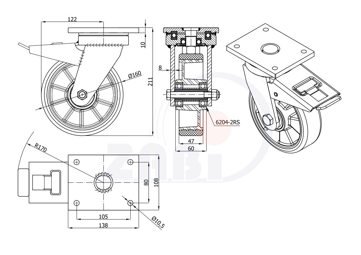 Колёса промышленные (алюминий + полиуретан), Колёса алюминий +полиуретан выдерживающие повышенную нагрузку, С поворотными опорами с тормозом с обозначением A45PDH