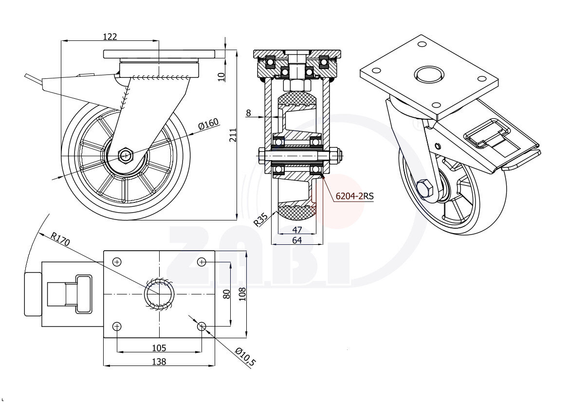 Колёса промышленные (алюминий + полиуретан), Колёса алюминий +полиуретан выдерживающие повышенную нагрузку, С поворотными опорами с тормозом с обозначением A45PRDH