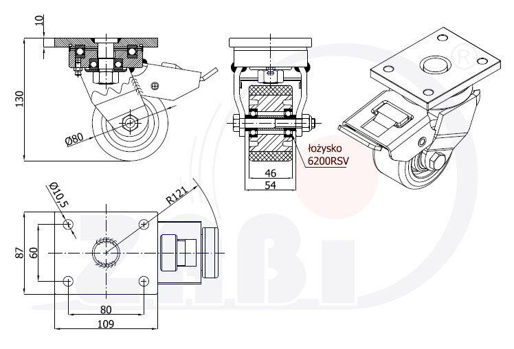 Колёса промышленные (алюминий + полиуретан), Колёса алюминий +полиуретан выдерживающие повышенную нагрузку, С поворотными опорами с тормозом с обозначением A6PDH