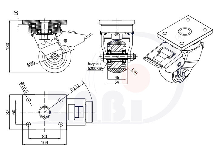 Колёса промышленные (алюминий + полиуретан), Колёса алюминий +полиуретан выдерживающие повышенную нагрузку, С поворотными опорами с тормозом с обозначением A6PRDH