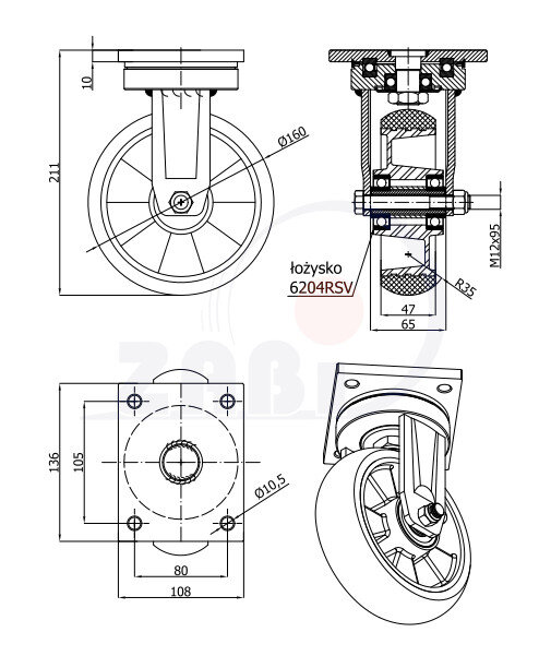 Колёса промышленные (алюминий + полиуретан), Колёса алюминий +полиуретан выдерживающие повышенную нагрузку, С поворотными опорами с обозначением A42PRDY