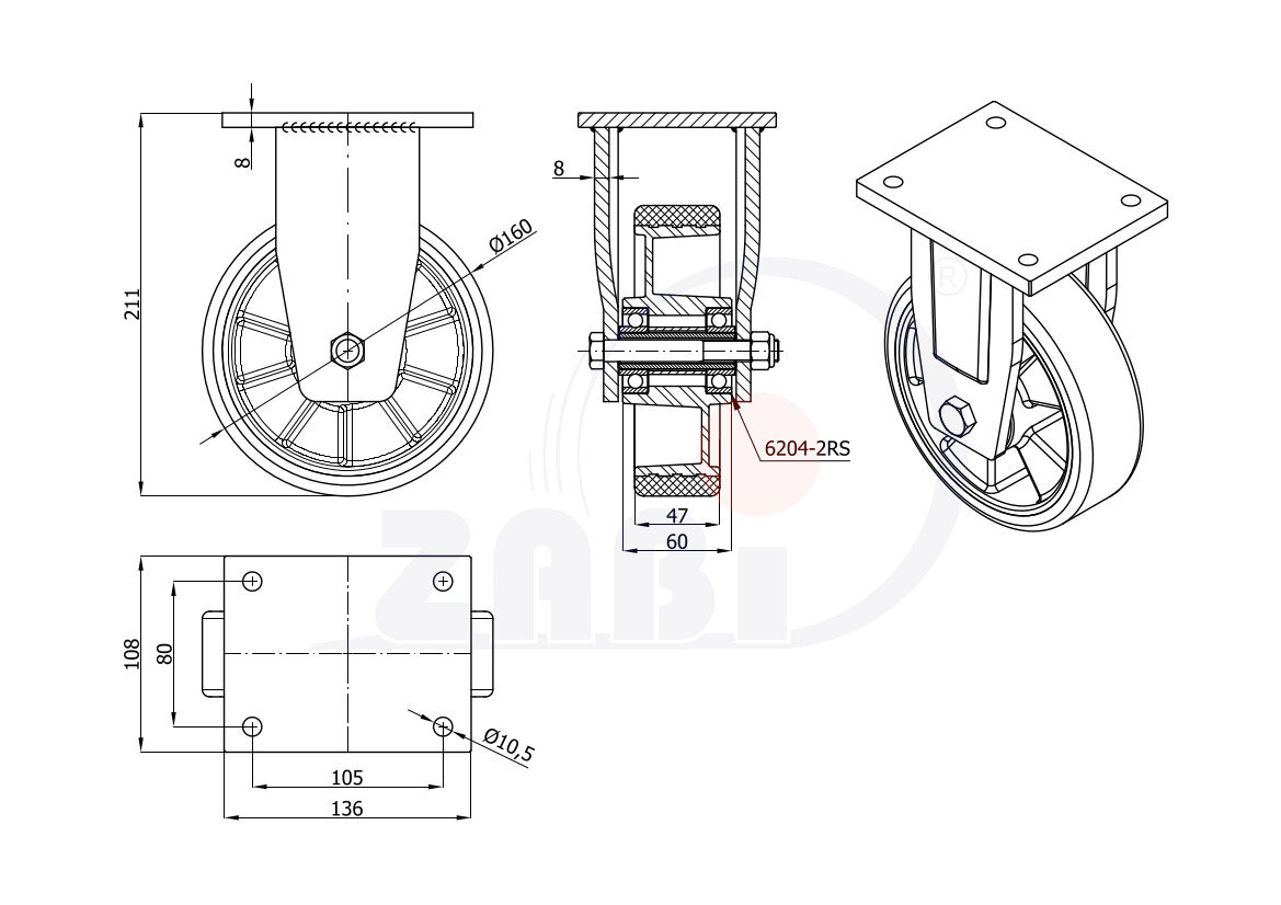 Колёса промышленные (алюминий + полиуретан), Колёса алюминий +полиуретан выдерживающие повышенную нагрузку, С неповоротными опорами с обозначением A43PD