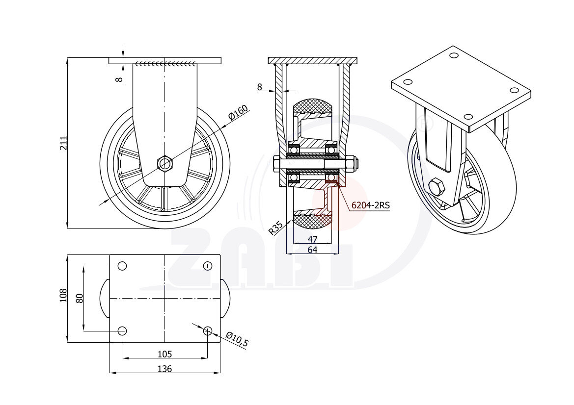 Колёса промышленные (алюминий + полиуретан), Колёса алюминий +полиуретан выдерживающие повышенную нагрузку, С неповоротными опорами с обозначением A43PRD