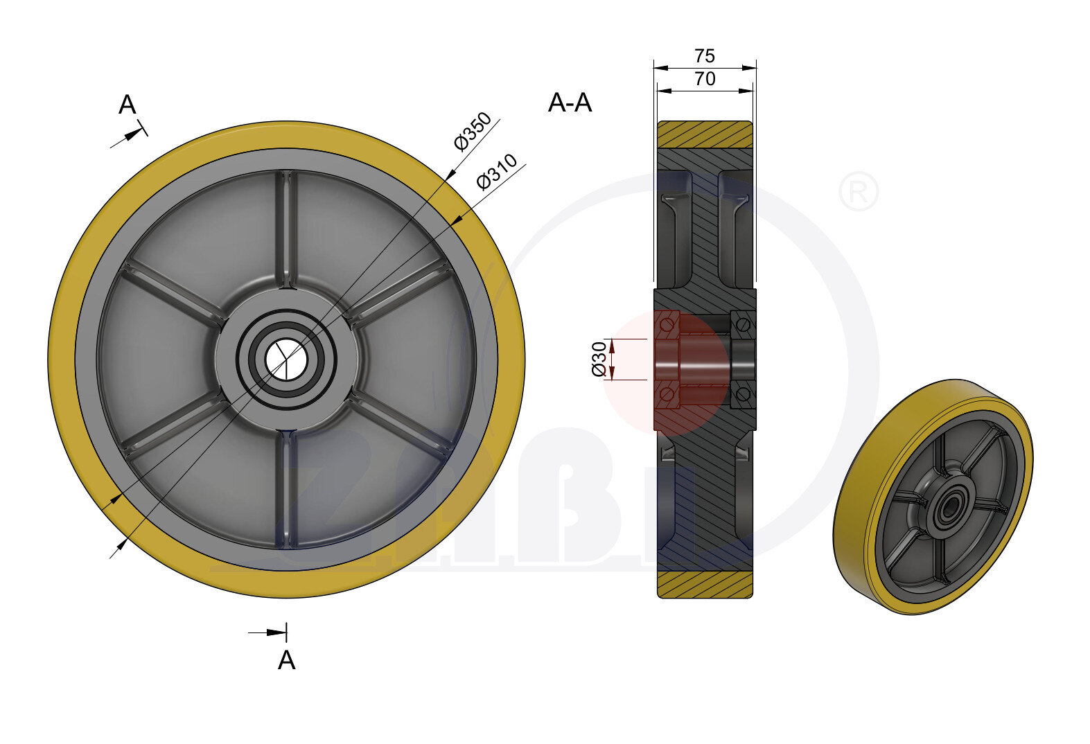 Gussräder aus Polyurethan, Gussräder aus Polyurethan, Räder mit dem Symbol 350ZPT