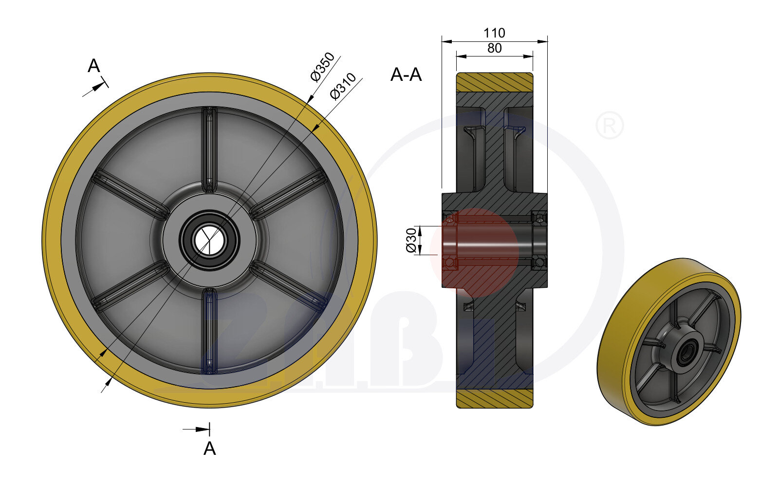 Gussräder aus Polyurethan, Gussräder aus Polyurethan, Räder mit dem Symbol 350ZP/30