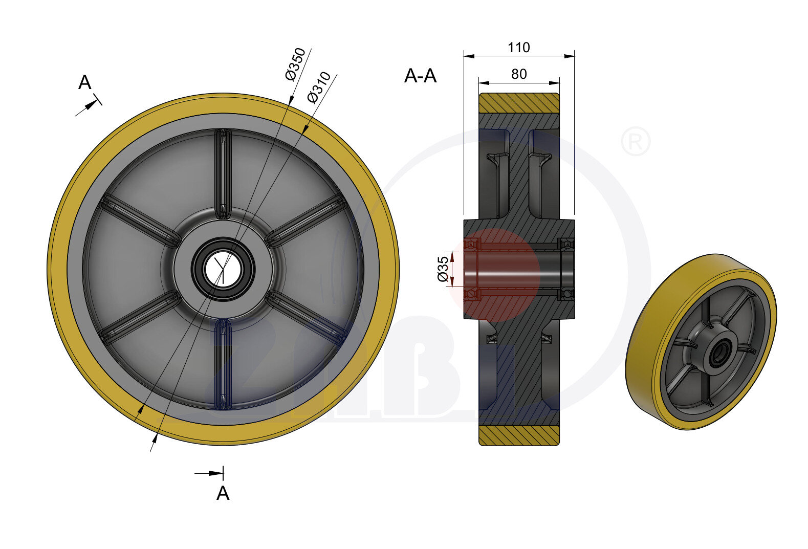 Gussräder aus Polyurethan, Gussräder aus Polyurethan, Räder mit dem Symbol 350ZP/35
