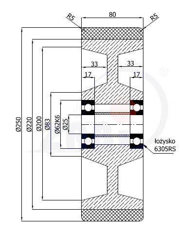 Cast iron wheels with polyurethane for high loads, Cast iron wheels with polyurethane for high loads, (!) Koła żeliwne z poliuretanem do dużych obciążeń with symbol 90ZPN/25