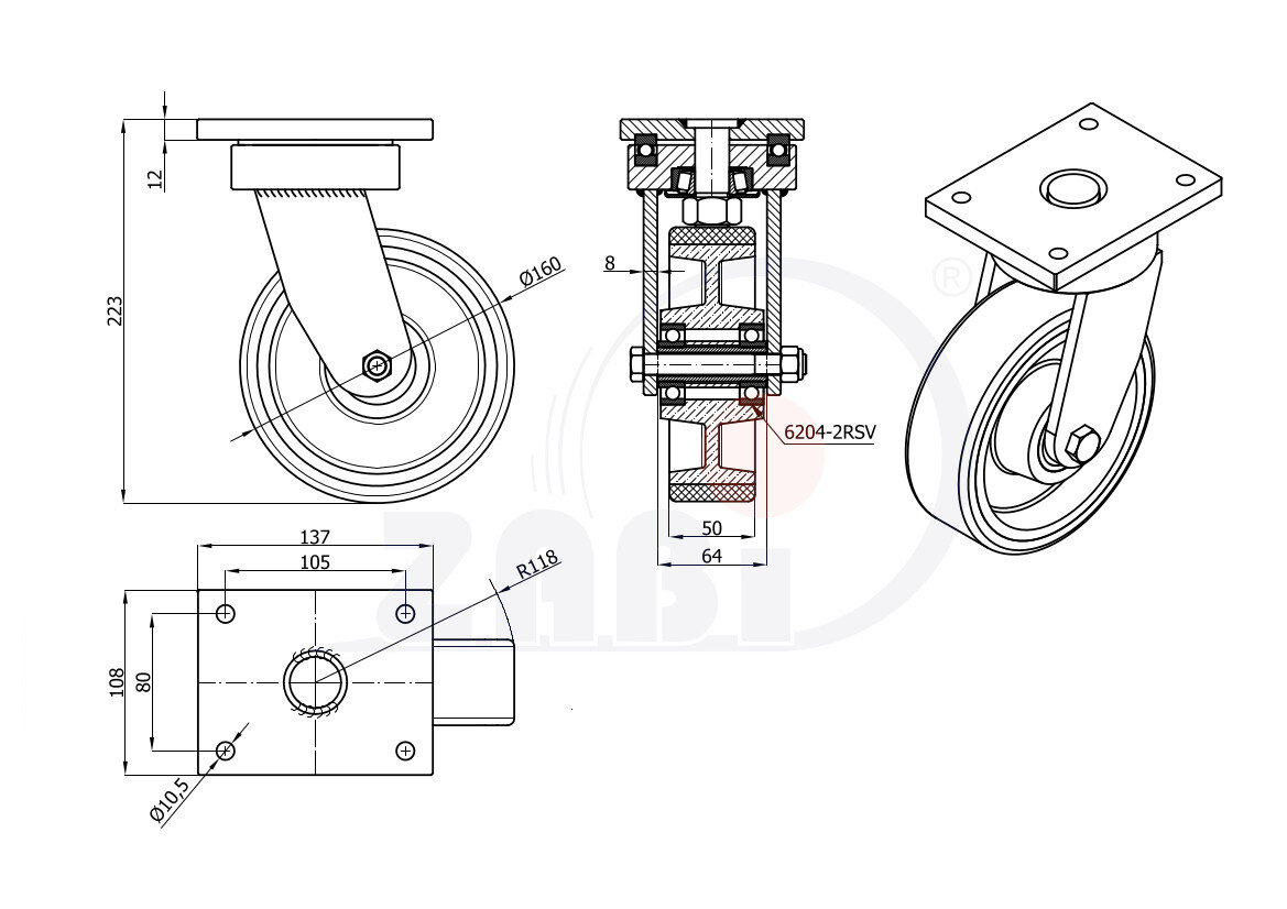 Колёса чугунные +полиуретан выдерживающие повышенную нагрузку, Колёса чугунные +полиуретан выдерживающие повышенную нагрузку, С поворотными опорами с обозначением 42ZP