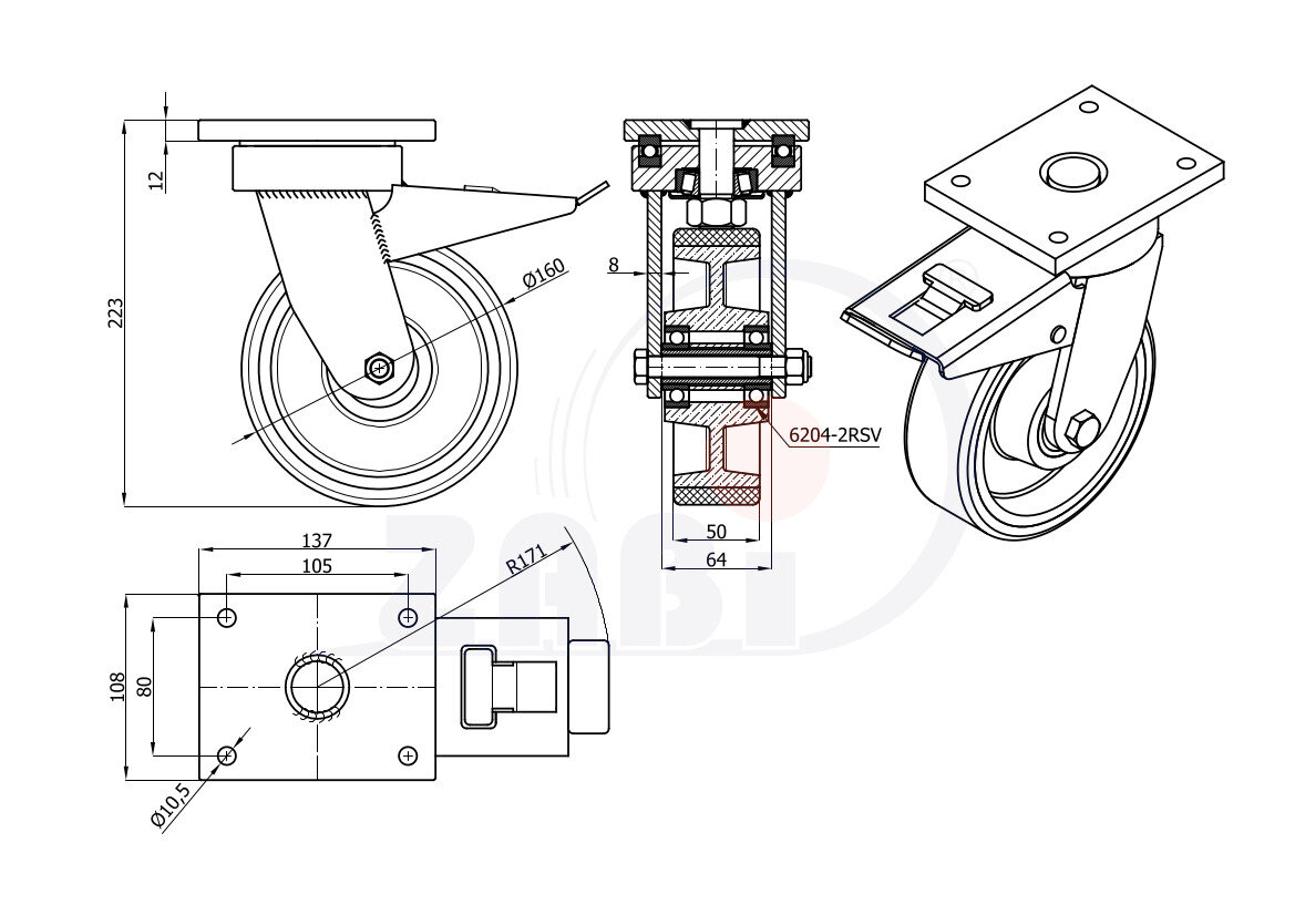 Колёса чугунные +полиуретан выдерживающие повышенную нагрузку, Колёса чугунные +полиуретан выдерживающие повышенную нагрузку, С поворотными опорами с тормозом с обозначением 45ZPH