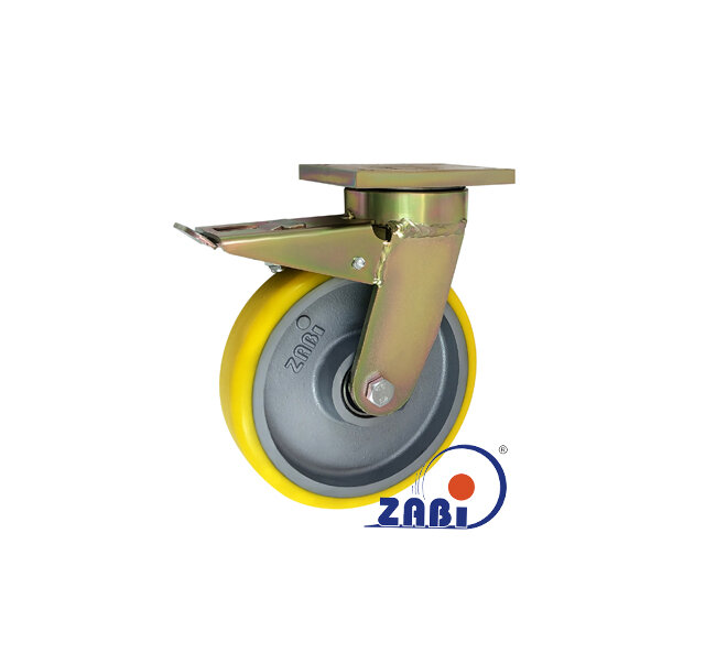 Колёса чугунные +полиуретан выдерживающие повышенную нагрузку, Колёса чугунные +полиуретан выдерживающие повышенную нагрузку, С поворотными опорами с тормозом с обозначением 65ZPH