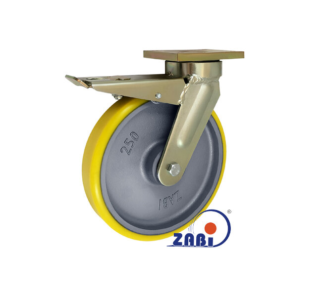 Колёса чугунные +полиуретан выдерживающие повышенную нагрузку, Колёса чугунные +полиуретан выдерживающие повышенную нагрузку, С поворотными опорами с тормозом с обозначением 95ZPH