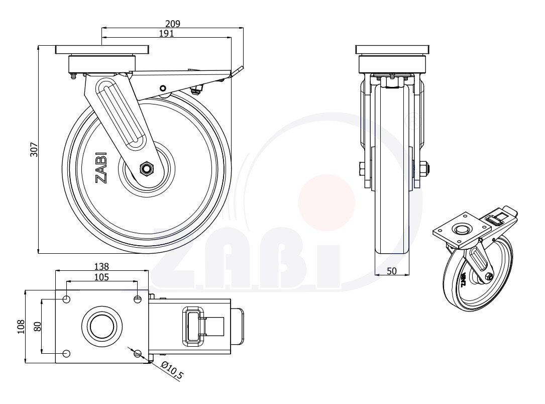 Колёса чугунные +полиуретан выдерживающие повышенную нагрузку, Колёса чугунные +полиуретан выдерживающие повышенную нагрузку, С поворотными опорами с тормозом с обозначением 95ZPH