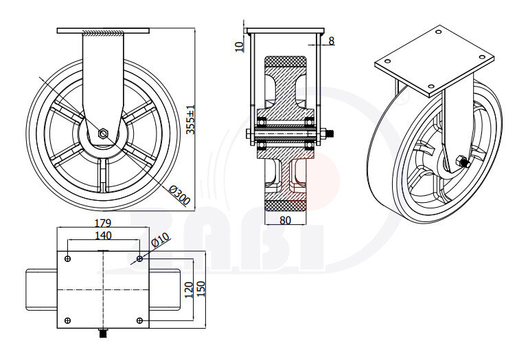 Колёса чугунные +полиуретан выдерживающие повышенную нагрузку, Колёса чугунные +полиуретан выдерживающие повышенную нагрузку, С неповоротными опорами с обозначением 3003ZP