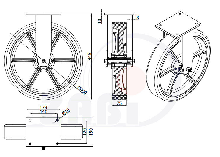 Колёса чугунные +полиуретан выдерживающие повышенную нагрузку, Колёса чугунные +полиуретан выдерживающие повышенную нагрузку, С неповоротными опорами с обозначением 4003ZP